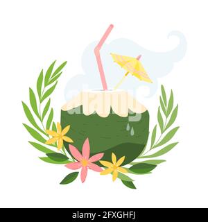 Green young fresh coconut cocktail with straw and umbrella topper. Vector illustration with young coconut in a cartoon style. Good for summer menu, be Stock Vector