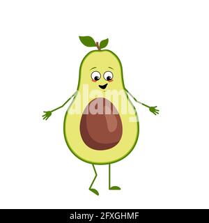 Cute avocado character with joy emotions, smiling face, happy eyes, arms and legs. A mischievous vegetable hero with eyes Stock Vector