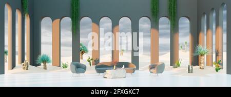 Modern Concept interior design of large living room with a desert sand entering inside, 3d Render 3d illustration Stock Photo