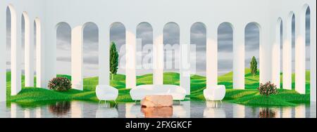 Modern Concept interior design of large white living room submerged in water with a green grassy meadow entering inside, 3d Render 3d illustration Stock Photo