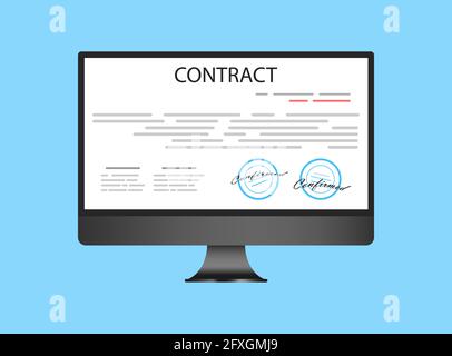 Electronic contract or digital signature concept in vector illustration. Online e-contract document sign via desktop PC. Website or webpage layout Stock Vector