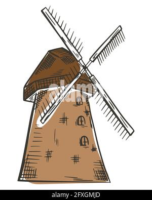 Windmill, vector. Old wooden traditional grain mill. Crop processing. Hand drawing. Color sketch agriculture Stock Vector