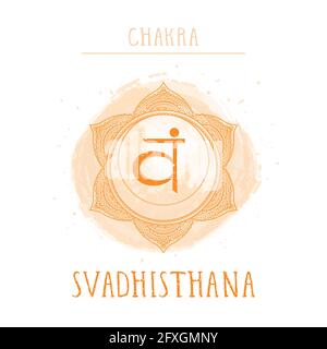 Vector illustration with symbol chakra Svadhishana and watercolor element on white background. Circle mandala pattern and hand drawn lettering. Colore Stock Vector
