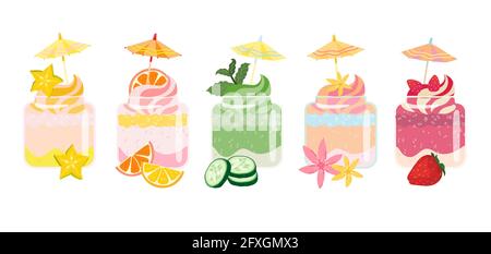 Smoothies summer desserts set with umbrella toppers. Sweet, vegetables, green, berries and citrus taste. Colorful healthy and joyful smoothie. Vector Stock Vector