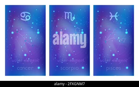 Set of three banners with Signs of the Zodiac, astrological constellations and geometric symbol against abstract background with stars. Collection of Stock Vector