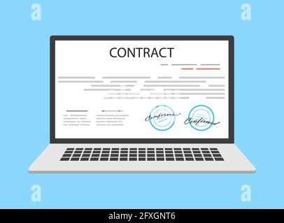 Online electronic smart contract document on laptop, paper document, signature on computer screen Stock Vector