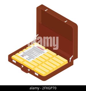 Brown briefcase with top secret documents and golden bars isometric view Stock Vector