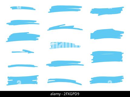 Vector highlighter brush set. Hand drawn blue highlight marker stripes. Stock Vector
