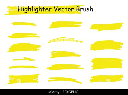 Vector highlighter brush set. Hand drawn yellow highlight marker stripes. Stock Vector