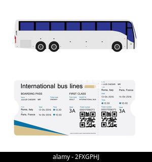 Vector illustration bus and boarding pass ticket template design isolated on white. Realistic transport ticket with bar code. Stock Vector