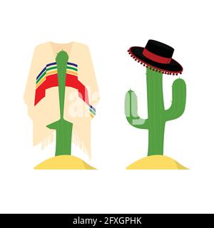 Green cactus in mexican poncho isolated on white background. Stock Vector
