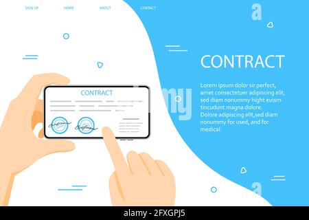 Electronic contract or digital signature concept in vector illustration. Online e-contract document sign via desktop PC. Website or webpage layout Stock Vector