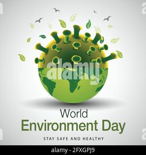 world environment day poster. global earth with virus. covid-19, corona virus concept. vector illustration design. Stock Vector