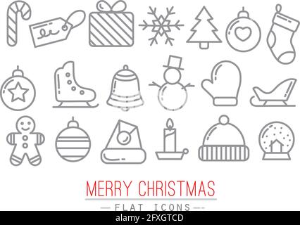 Christmas flat icons drawing with grey thin lines on white background Stock Vector