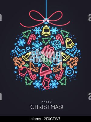 Flat Christmas tree toy drawing with thin color lines on black background Stock Vector