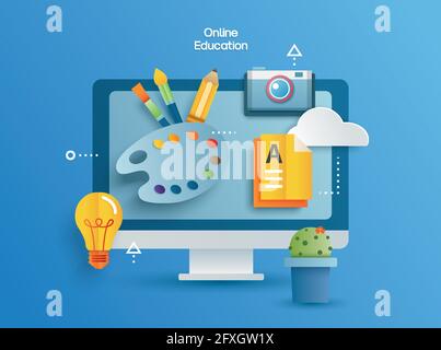 Online education learning on computer. Learning at home with social distancing concept. Stock Vector