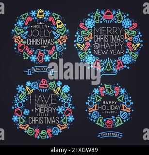 Christmas decorative symbols for winter holidays in flat and neon style, drawing by color lines on black background Stock Vector
