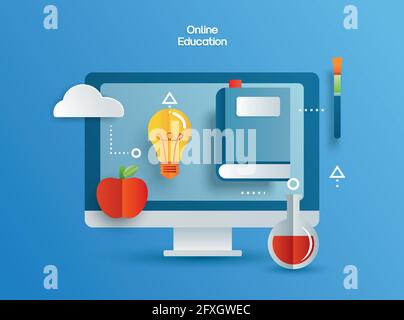 Online education learning on computer. Learning at home with social distancing concept. Stock Vector