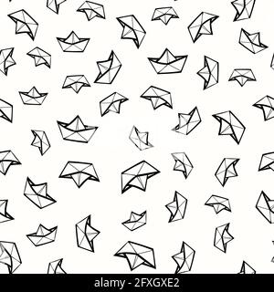 Seamless pattern of funny childrens boats. Linear drawing from thin lines. Stock Vector