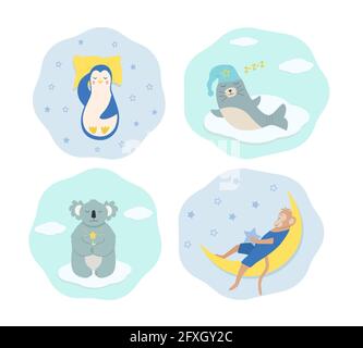 Set of funny cartoon animals sleeping and dreaming. A penguin sleeps on a pillow, seal in a nightcap, monkey sleeps on the moon, koala with a magic wa Stock Photo