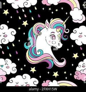 Seamless pattern with heads of unicorn and rainbow rain clouds on black background. Vector illustration for party, print, baby shower, wallpaper, desi Stock Vector