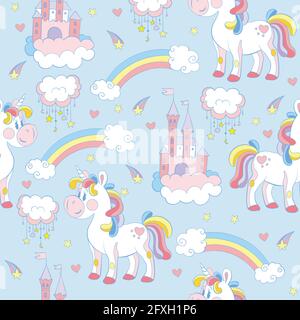 Seamless pattern with white unicorns, castles and rainbows on blue background. Vector illustration for party, print, baby shower, wallpaper, design, d Stock Vector