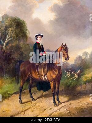 Empress Eugénie de Montijo (1826-1920), Empress Consort of France (1853-1870), on horseback, equestrian portrait by Carl Friederich Kiørboe, 1854 Stock Photo