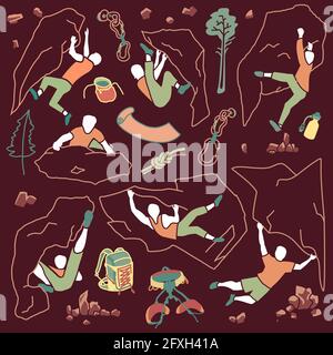 Climbing, mountain camping and exploration hiking big set. Trees, backpack, equipment, rope, rock, stones outdoor tourism concept. Collection of isola Stock Vector