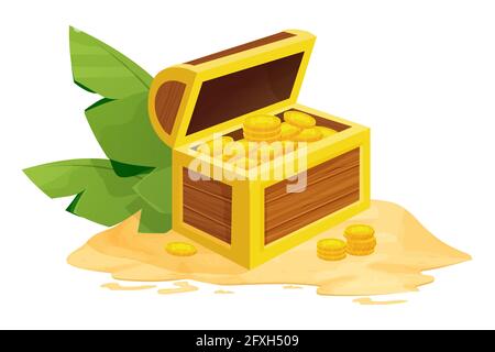 Wooden chest with treasure golden coins on sand decorated with leaves in cartoon style isolated on white background. Open detailed box. . Vector illustration Stock Vector