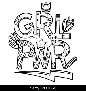 GRL PWR lettering girl power feminist slogan doodle style Stock Vector