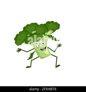 Cute broccoli character with joy emotions, smiling face, happy eyes, arms and legs. A mischievous green vegetable hero with eyes Stock Vector