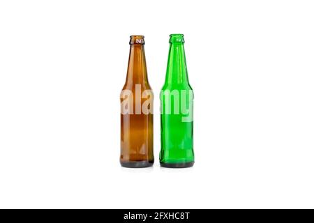 Empty brown and green beers bottles isolated on white background Stock Photo