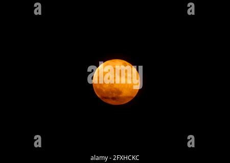 Orange full moon on black night sky. Blood moon. Flower moon. Lunar eclipse. Astronomy and astronomical concept. Stock Photo