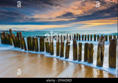 FRANCE. GIRONDE (33), CAP FERRET, WOODEN STAKES AT HIGH TIDE Stock Photo