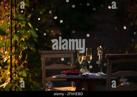 Champagne flutes and red currants on table in idyllic summer garden Stock Photo