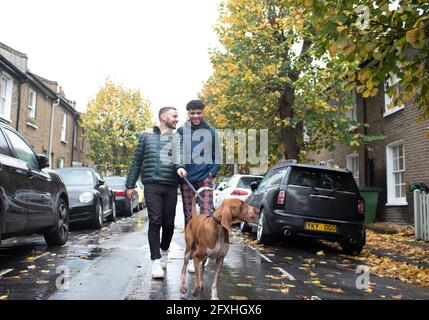 Gay male couple walking dog on leash on wet autumn city street Stock Photo