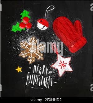 Christmas theme elements biscuit, glove, bell, Christmas tree decoration, star lettering merry christmas drawing in vintage style on chalkboard Stock Vector
