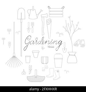 Gardening tools banner outline simple minimalistic flat design vector illustration isolated on white background Stock Vector