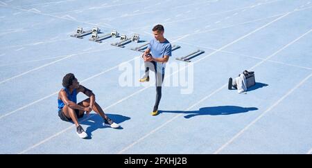 Young male runners on sunny blue sports track Stock Photo