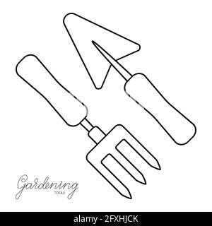Gardening tools lhand fork and trowel outline simple minimalistic flat design vector illustration isolated on white background Stock Vector
