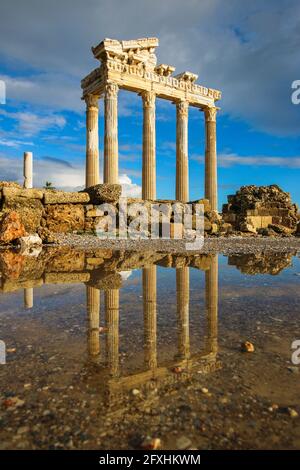 Temple of Apollo rain after with cloudy sky, Greek ancient historical antique marble columns in Side Antalya Turkey Stock Photo