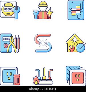 Electrician service RGB color icons set Stock Vector