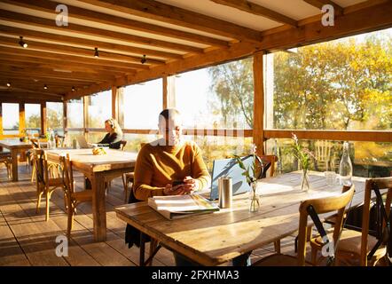 Businessman using smart phone in sunny autumn cafe Stock Photo