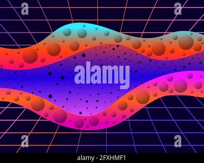 Synthwave pattern, cyber space. Laser grid and liquid wave. Gradient futuristic background. Contemporary art, retrowave. Vector illustration Stock Vector