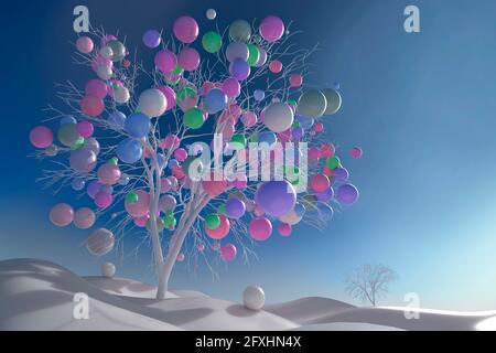 Digitally generated image multicolor balls growing on tree Stock Photo