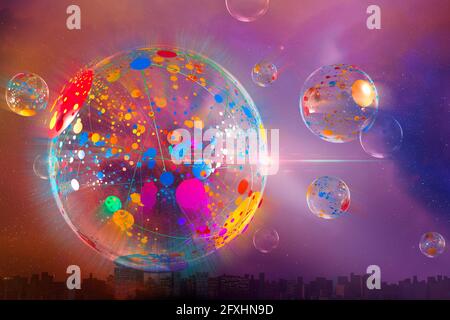 Digitally generated image abstract multicolor bubble over cityscape Stock Photo