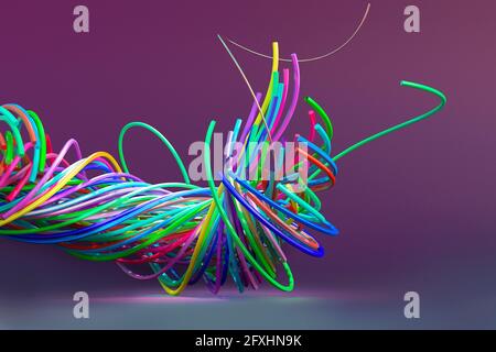 Digitally generated image tangled multicolor fiber optic cables Stock Photo