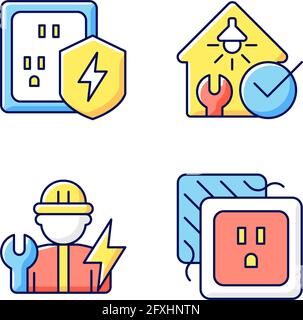 Electrician service RGB color icons set Stock Vector