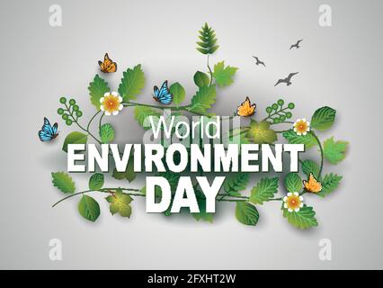 world environment day with levees, flowers, butterfly's. vector illustration design Stock Vector