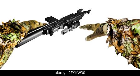 Isolated photo of first person view arms holding  and crawling with sniper rifle in guillie suit on white background. Stock Photo